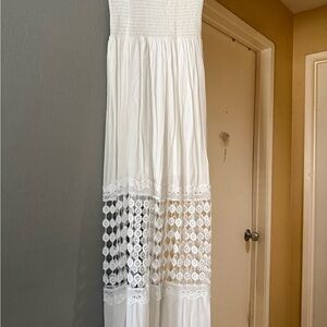 Smocked Bodice White Crochet Maxi Dress
